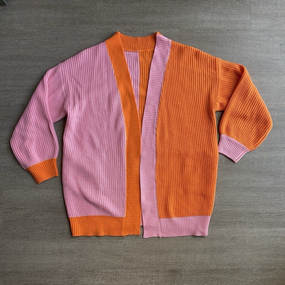 Pink and‎ Orange Colorblock Open Cardigan Knit Cuffed Size Small Acrylic 1389